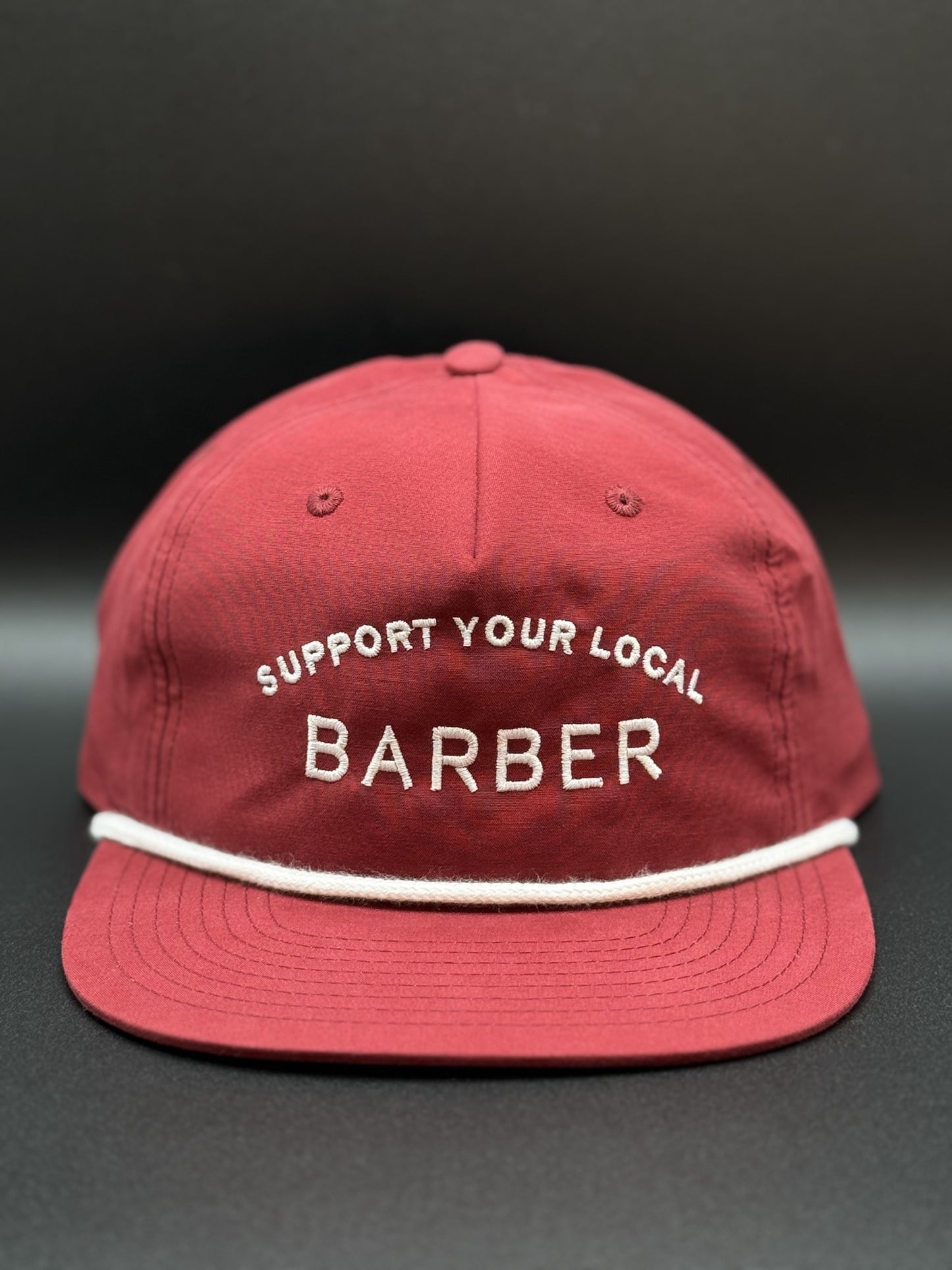 SUPPORT YOUR LOCAL BARBER, BURGUNDY 5 PANEL SNAP BACK