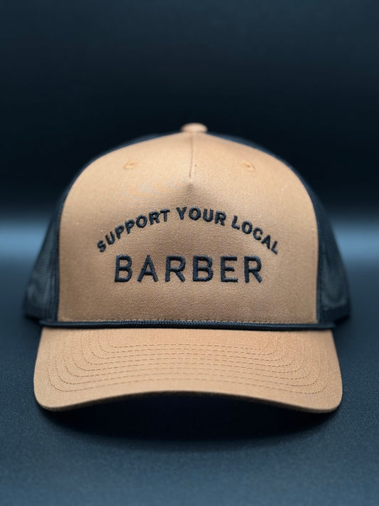 SUPPORT YOUR LOCAL BARBER, TRUCKER 112 TAN BLACK MESH