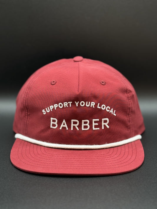 SUPPORT YOUR LOCAL BARBER, BURGUNDY 5 PANEL SNAP BACK