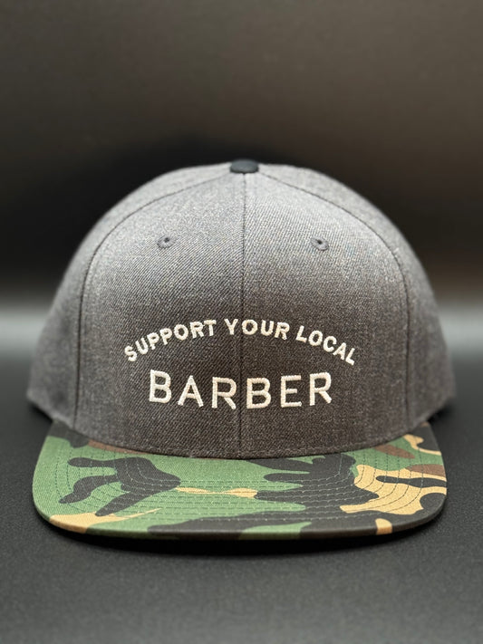 SUPPORT YOUR LOCAL BARBER, GREY CAMO FLAT BILL SNAPBACK