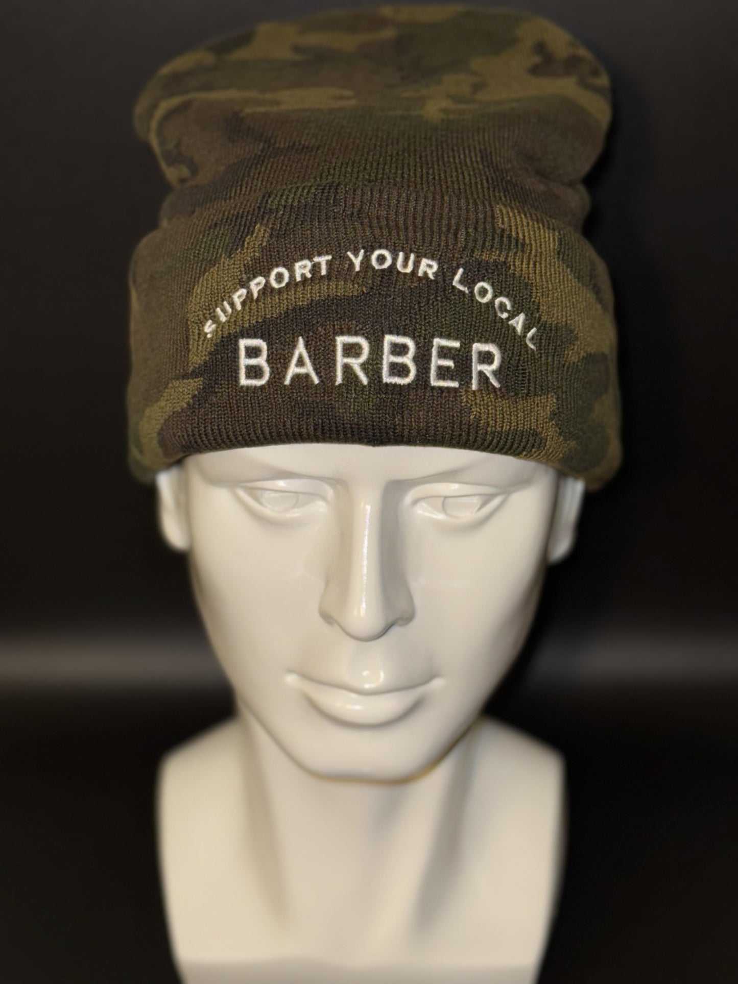 GREEN CAMO SUPPORT YOUR LOCAL BARBER BEANIE