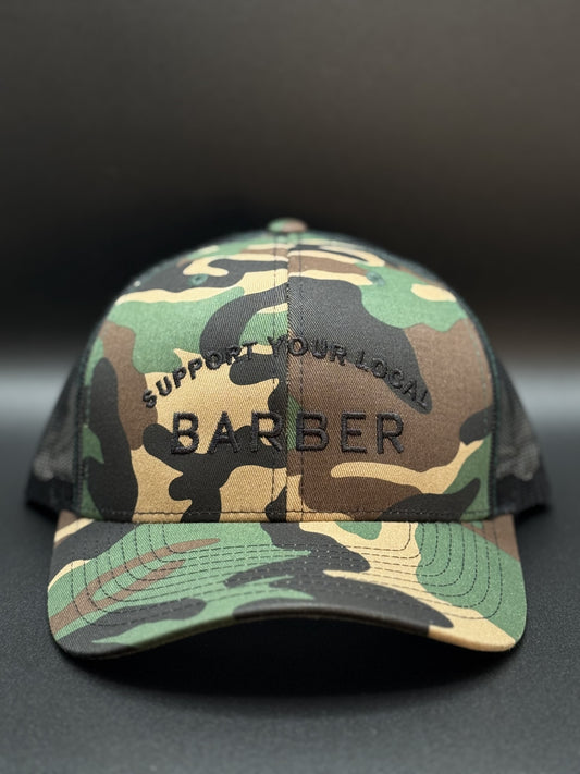 SUPPORT YOUR LOAL BARBER, TUCKER 112 CAMO BLACK MESH SNAP BACK