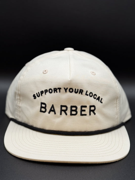 SUPPORT YOUR LOCAL BARBER, CREAM 5 PANEL SNAP BACK