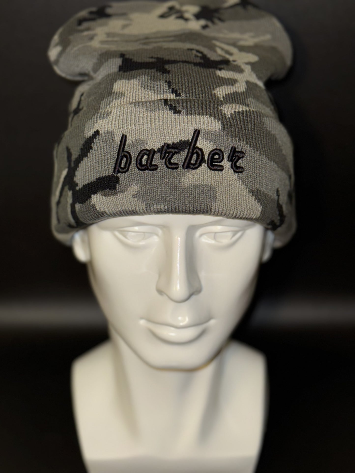 GREY CAMO PUFFED BARBER BEANIE